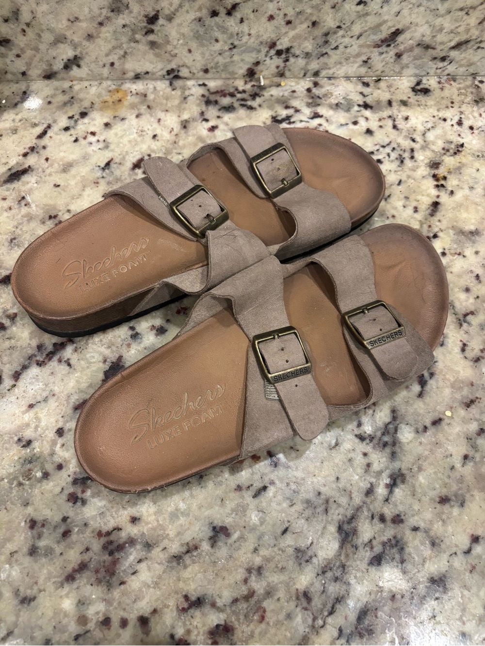 Ladies' Two Strap Taupe Sandal Skechers Luxe foam 8
